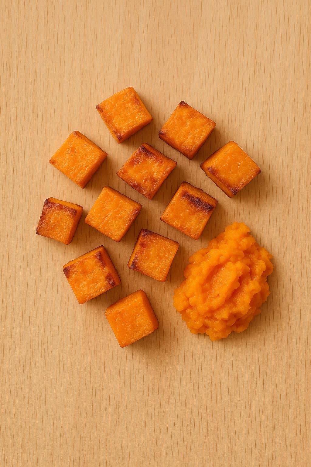 Bite-size pieces of soft baked plantain for a 12 month old toddler